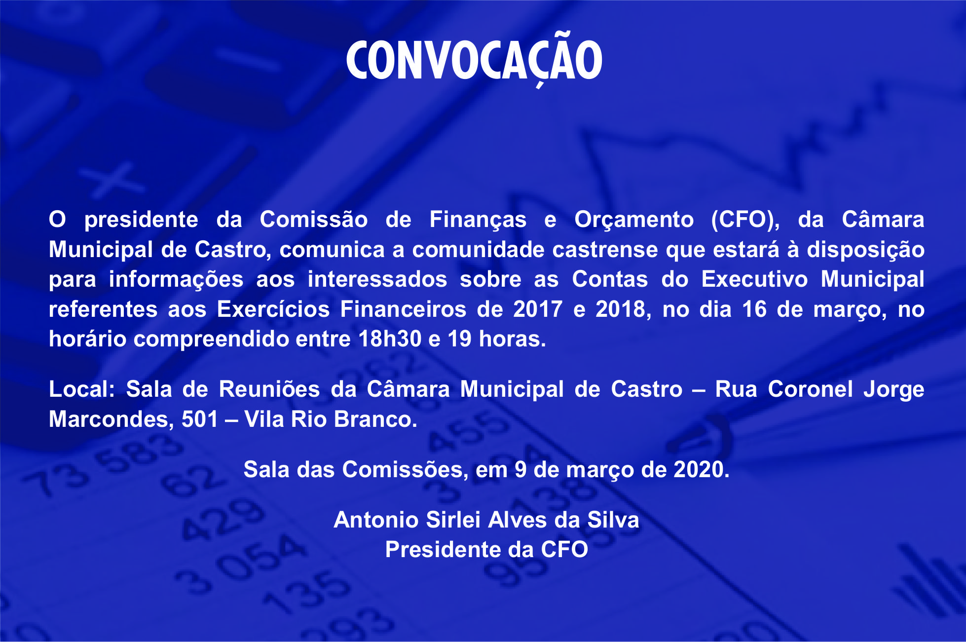 CONVOCAÇÃO PARA REUNIÃO DA COMISSÃO DE FINANÇAS E ORÇAMENTO (CFO)